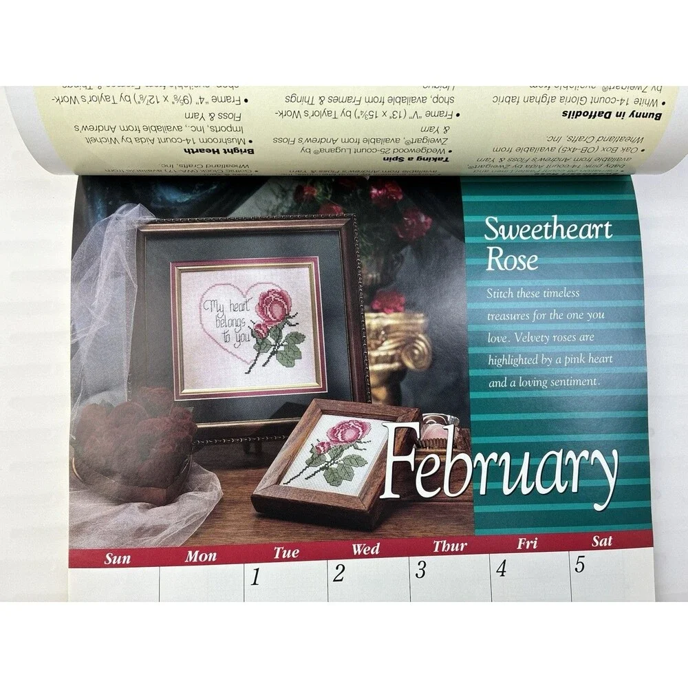 Calendar Cross Stitch 12 Patterns 1994 Rose Cat Daffodil Ballerina Car USA Bear